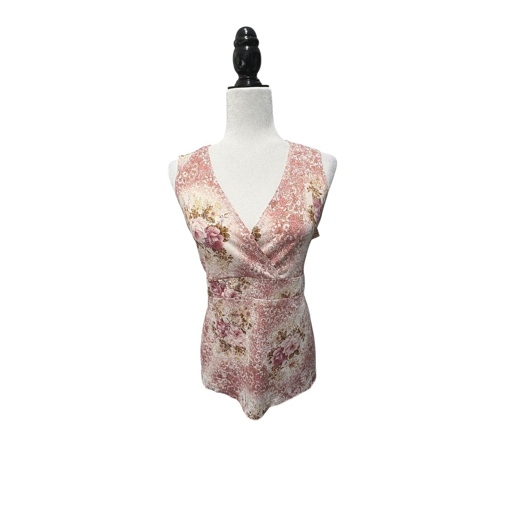 Vintage Y2K La Khaki Floral Damask Wrap Tie Back Sleeveless Top 1X Made in USA
